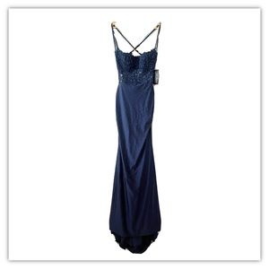 La Femme Trumpet Gown Size 2 Navy Blue 30728 Beaded Lace Crisscross Back NWT